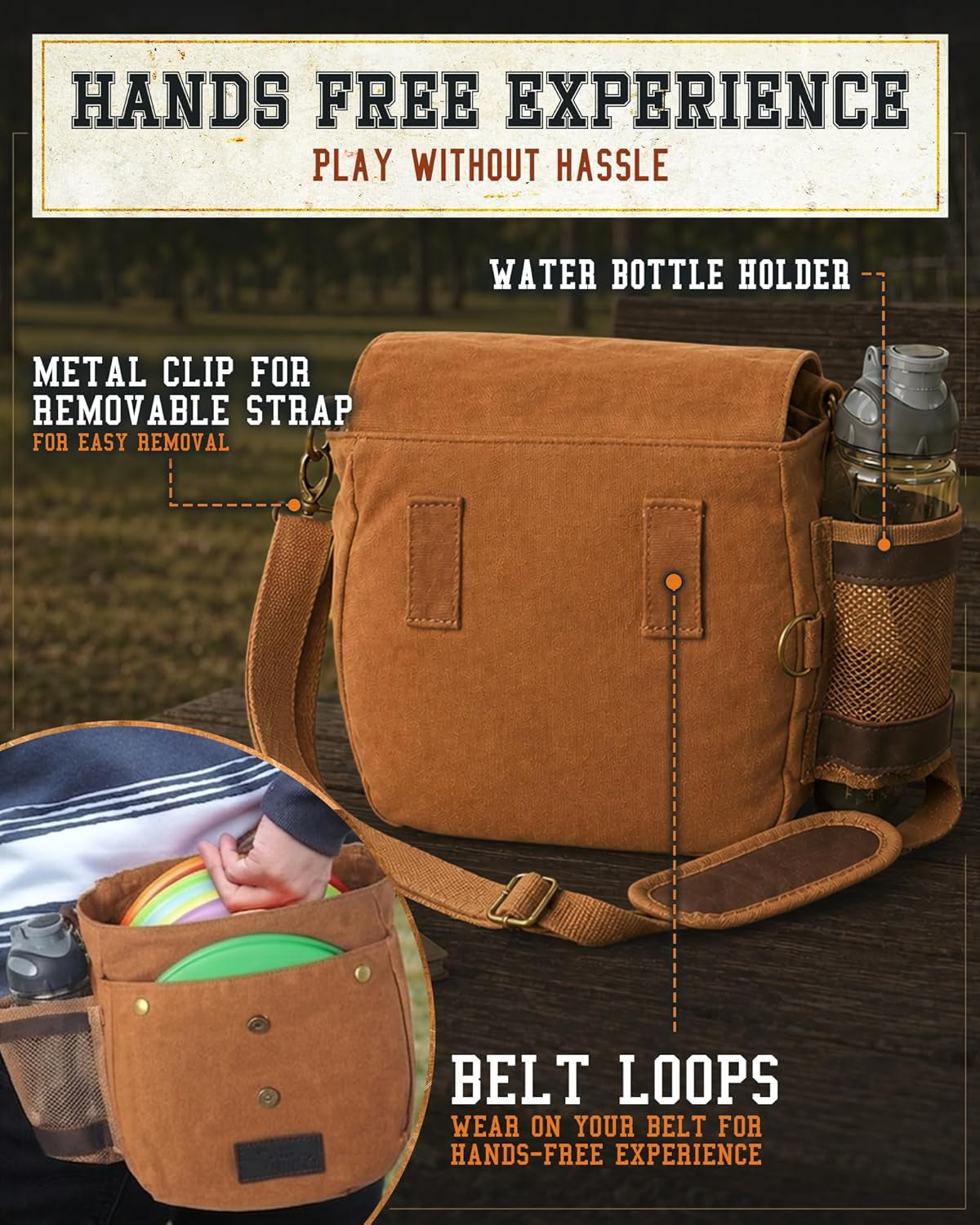 Disc Golf Bag | Frisbee Golf Bag | Easy to Carry | Lightweight Fits up to 10 Discs | 16 Oz Waxed Canvas Sturdy Design | Belt Loop | Double Button Design | Bottle Holder