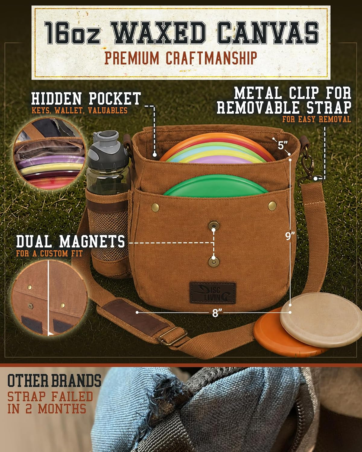 Disc Golf Bag | Frisbee Golf Bag | Easy to Carry | Lightweight Fits up to 10 Discs | 16 Oz Waxed Canvas Sturdy Design | Belt Loop | Double Button Design | Bottle Holder