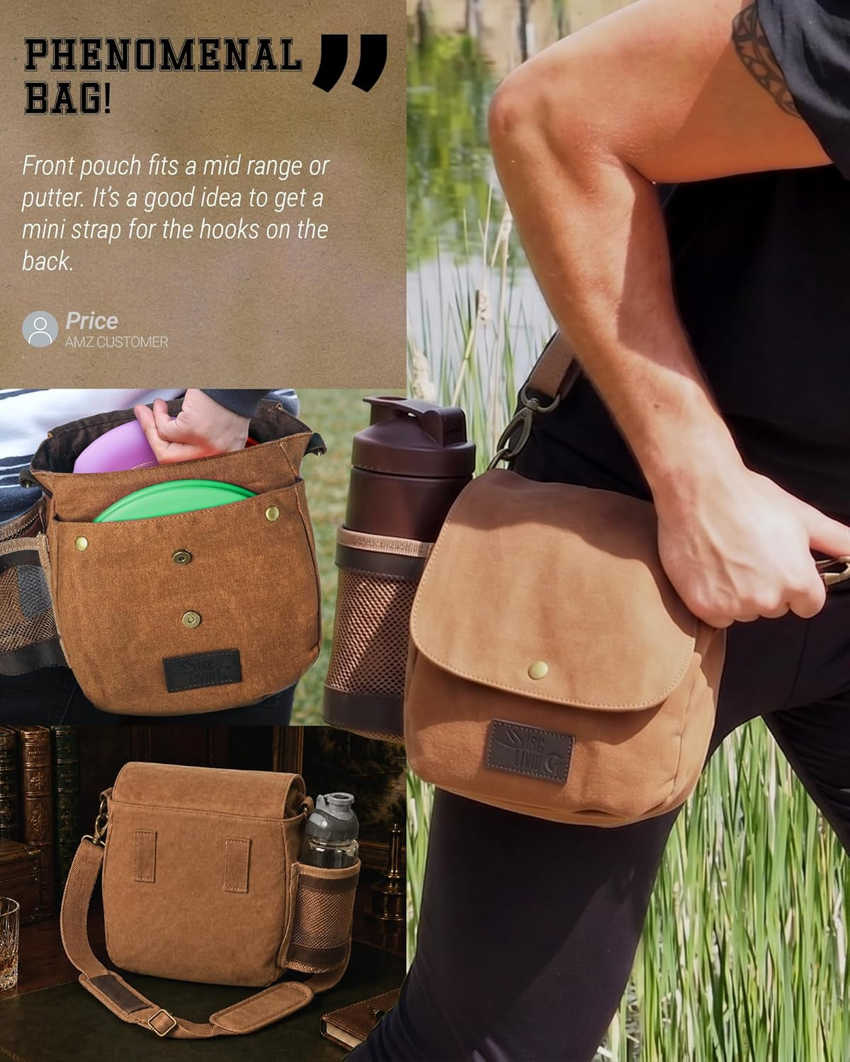 Disc Golf Bag | Frisbee Golf Bag | Easy to Carry | Lightweight Fits up to 10 Discs | 16 Oz Waxed Canvas Sturdy Design | Belt Loop | Double Button Design | Bottle Holder