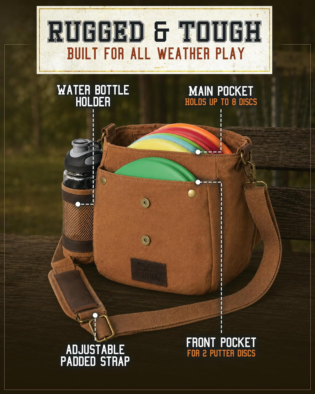 Disc Golf Bag | Frisbee Golf Bag | Easy to Carry | Lightweight Fits up to 10 Discs | 16 Oz Waxed Canvas Sturdy Design | Belt Loop | Double Button Design | Bottle Holder