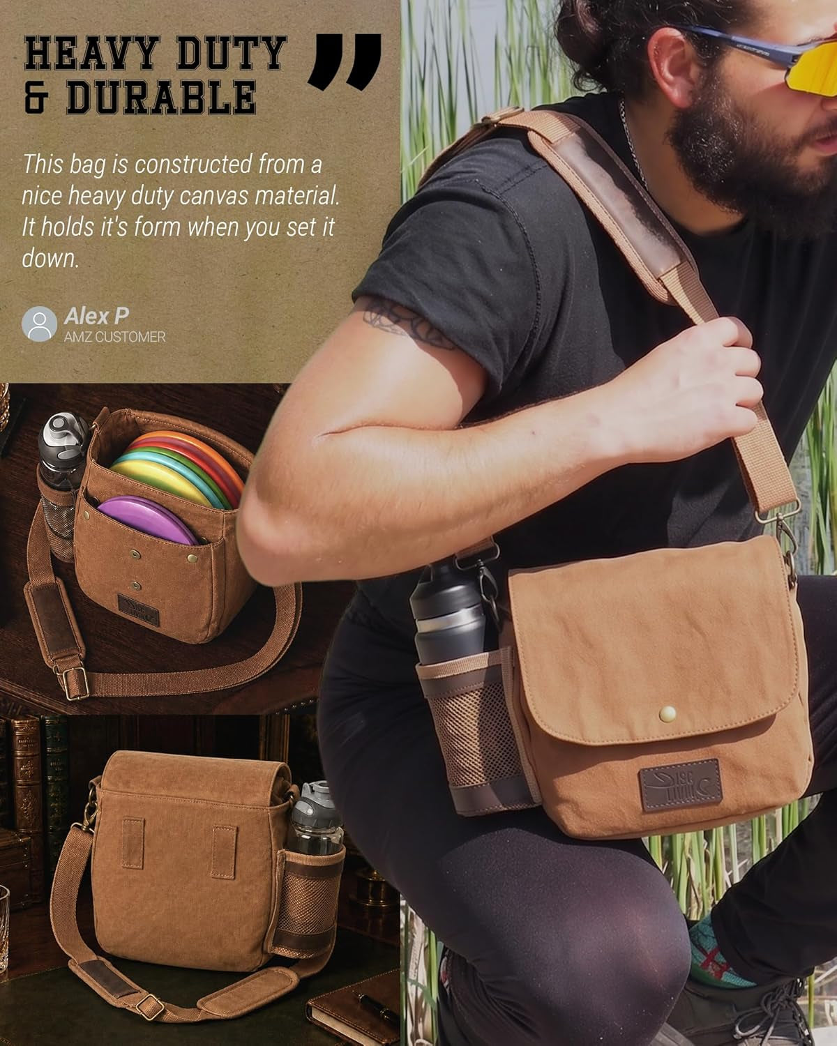 Disc Golf Bag | Frisbee Golf Bag | Easy to Carry | Lightweight Fits up to 10 Discs | 16 Oz Waxed Canvas Sturdy Design | Belt Loop | Double Button Design | Bottle Holder